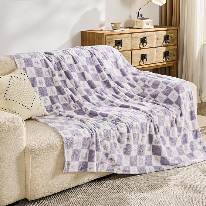 EMME Checkered Blanket Twin Size - 60"x80" Lavender Knit Blanket Soft Fluffy Patterned Blankets for Couch, Sofa, Chair, Bed, Camping, Picnic, Travel