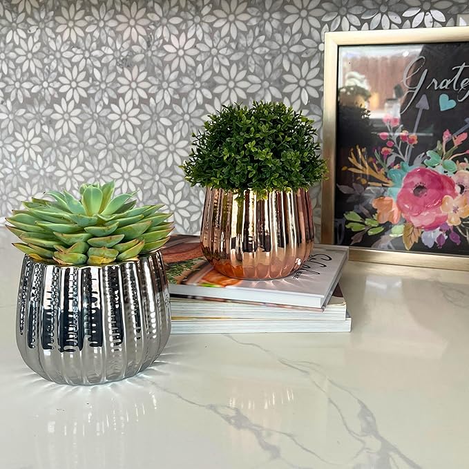 Admired by Nature 4" Ceramic Flower Planter, Ceramic Pot Planter, Indoor Ceramic Bowl, Houseplant Ceramic Pot, Decorative Planter for Indoor Plant Succulent Plant Home Décor, Lightweight, Chrome