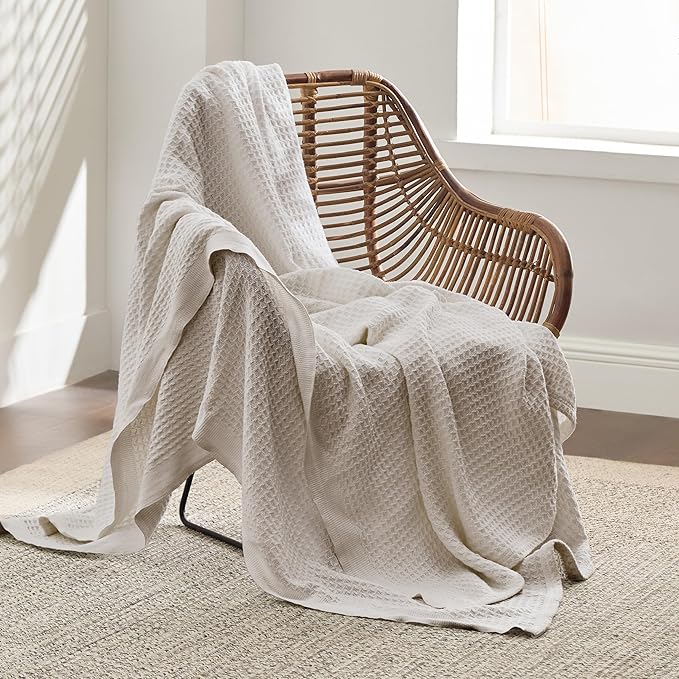 Bedsure 100% Cotton Large Throw Blanket for Couch 50x70 inches - Breathable and Soft, Waffle Weave Throw Blanket for Office, Khaki (a Little Bit Yellow)