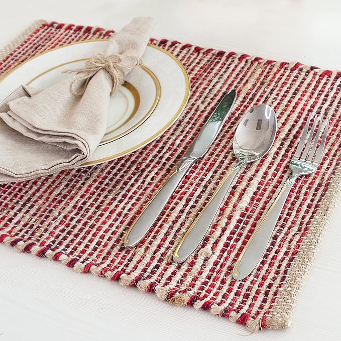 Chardin home | Natural Jute Placemats Set of 4 | 13x19 Inch. Rustic Farmhouse Place mats | Table mats Colors - Natural Jute and Red