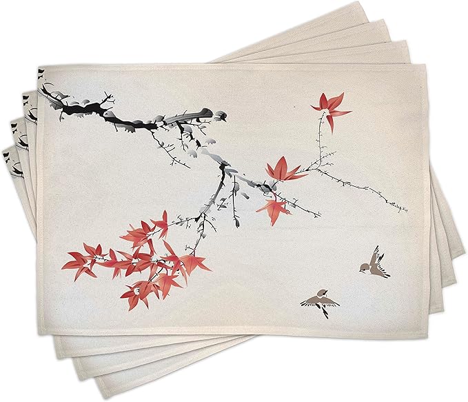 Ambesonne Japanese Place Mats Set of 8, Cherry Blossom Sakura Tree Branches Romantic Spring Themed Watercolor Picture, Washable Fabric Placemats for Dining Table, Placemat 8 pcs, Coral Black