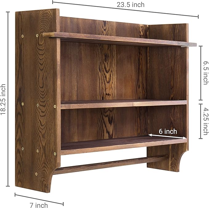MyGift 3 Tier Wall Mounted Rustic Burnt Solid Wood Bathroom Storage Shelves, Wooden Floating Shelf Toilet Paper Holder Rack with 23 Inch Wide Towel Hanging Bar