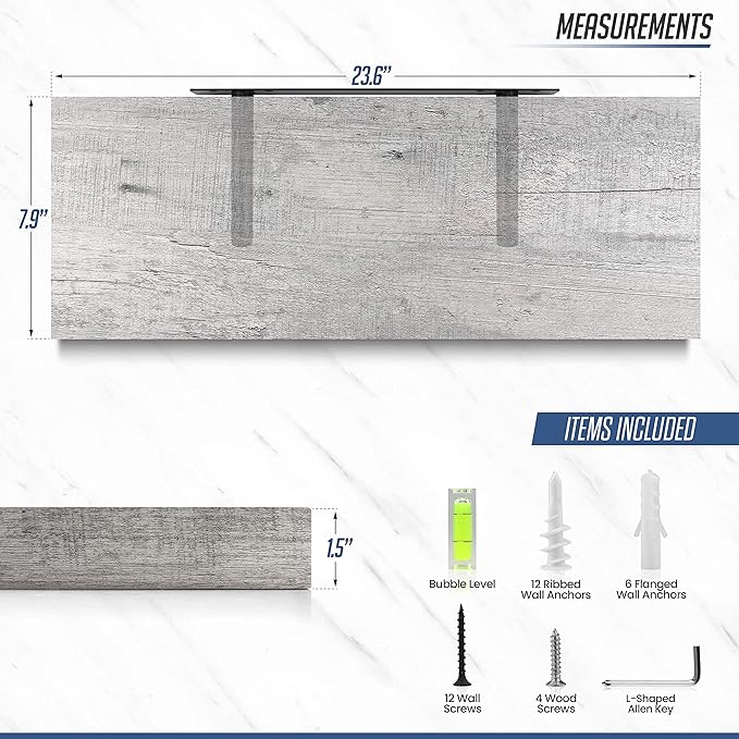 Floating Wall Shelves, 24” Hanging Shelf Set for Living Room, Office, Kitchen, Bathroom &, Perfect Home Room Wall Decor, Rustic Pattern Designed – (Rustic Whitewash Grey 24")