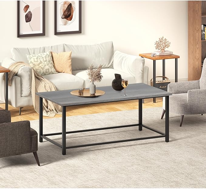 SENIG Coffee Table, Modern Industrial Style Rectangular Coffee Table, Grey Wood and Sturdy Metal Side End Table, Rustic Accent Functional Coffee Table for Living Room. 39.3 x 20 x 16