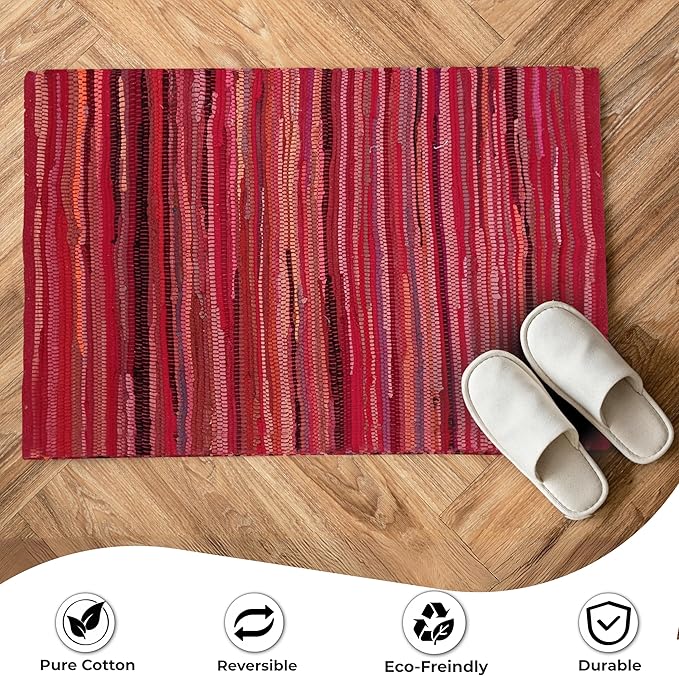 Rug Area Rugs Cotton Red 24x36 Inches Multicolour Chindi for Livingroom Bedroom Washable RagRug Reversible Farmhouse Kitchen RunnerRug Carpet Area Runner Mat for Hallway, Entryway