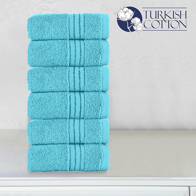 Elegant Comfort Premium Turkish Cotton 6 Pack Washcloths Set - 13 x 13 inch, Luxurious Hotel Spa Quality 100% Turkish Cotton 6PC Washcloth Set - Highly Absorbent - Soft Bathroom Towels, Aqua