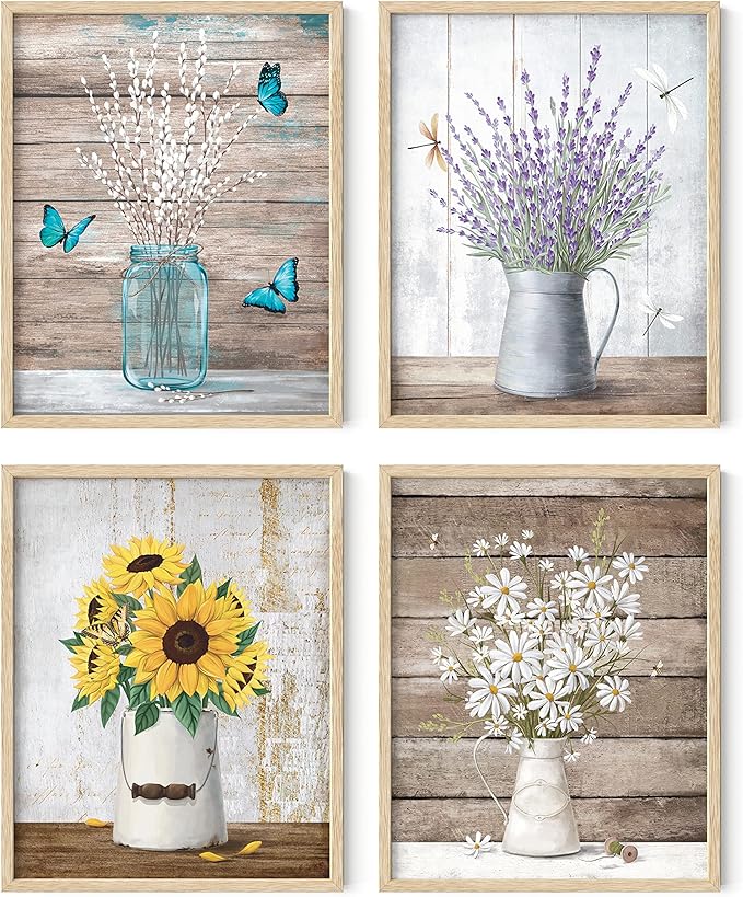 HAUS AND HUES Flower Wall Decor - Set of 4 Floral Wall Art, Floral Wall Decor, Flower Wall Art, Framed Flower Painting, Floral Pictures Wall Decor, Flower Pictures Wall Decor (Framed Beige 11x14)