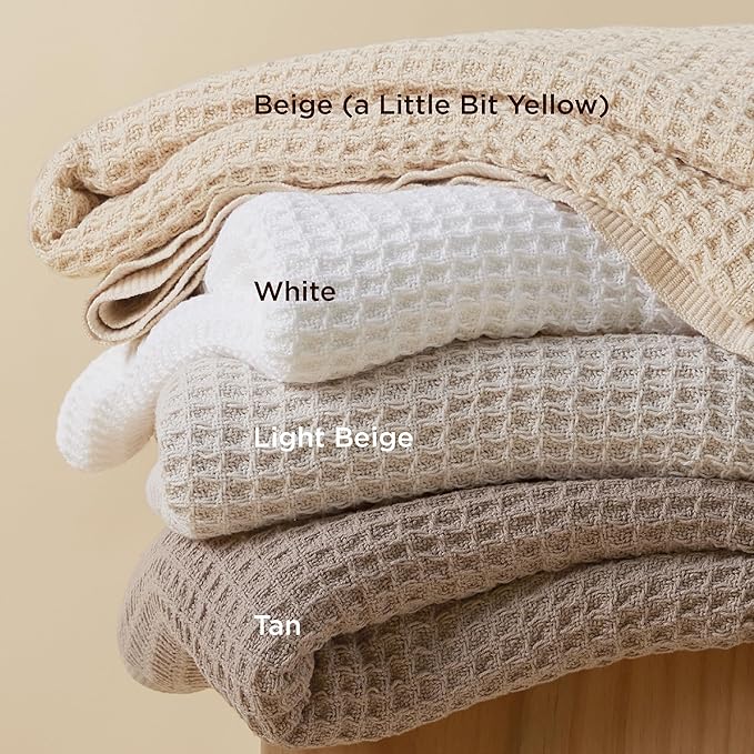 Bedsure 100% Cotton Blanket Queen Size for Bed - Breathable and Soft, Waffle Weave Blanket for Summer Spring, Tan, 90x90 Inches