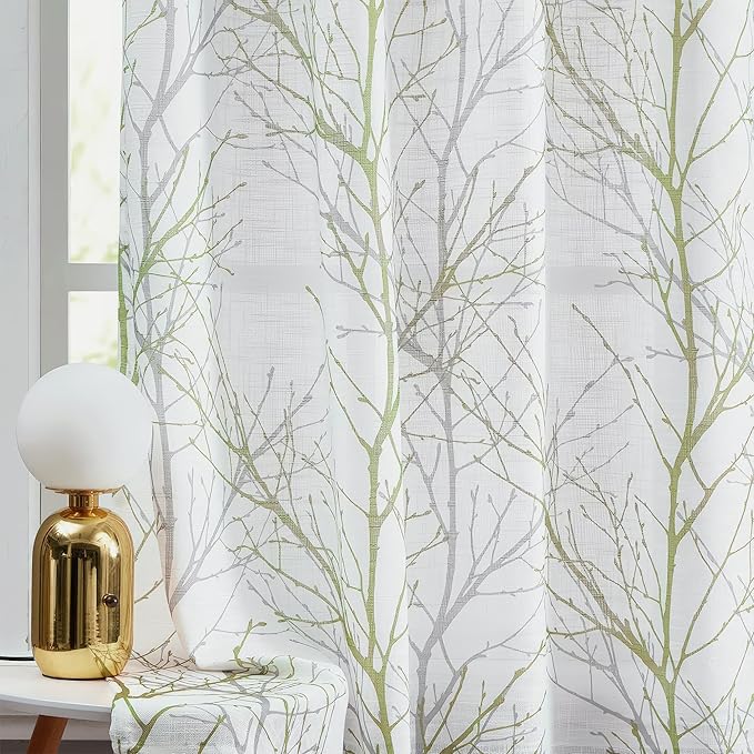 FMFUNCTEX Extra Wide Patio Door Curtain 100 inches Width by 96 Inch Length for Living Room Tree Print Not See Through Linen Semi Sheer Curtain Green Gray Branch Sliding Glass Door Curtains 1 Panel