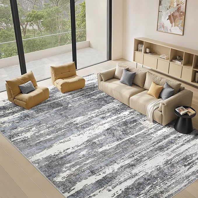 Area Rugs for Living Room: 8x10 Abstract Washable Rug Modern Neutral Large Soft Stain Resistant Non-Slip Backing Machine Table for Bedroom Dining Room Indoor Home Office Carpet - Black/Blue