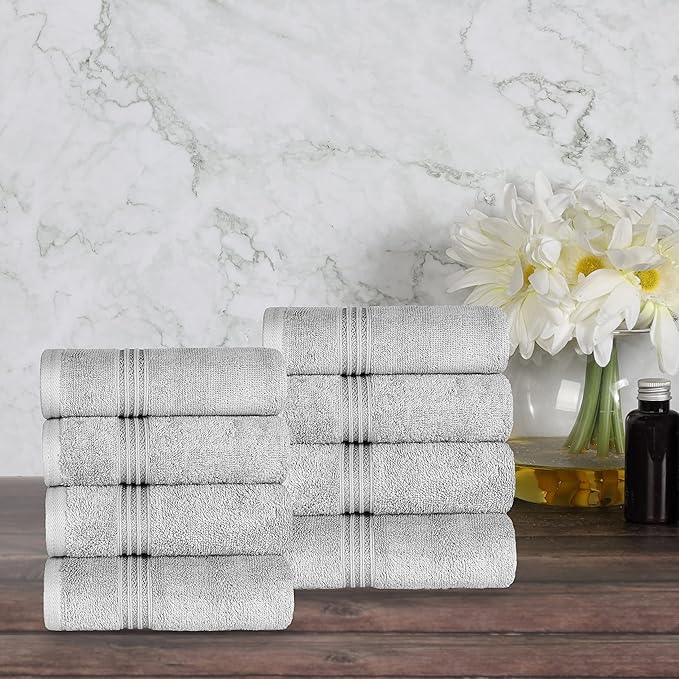 Superior Egyptian Cotton 8-Piece Hand Towel Set, Towel Basics For Quick Dry, Absorbent Small Towels, Facial, Spa, Kitchen, Bathroom Essentials, Apartment, Guest Bath, Soft, Washcloth, Silver