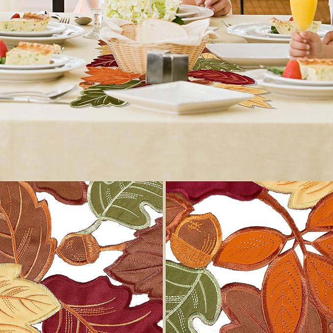 OWENIE Thanksgiving Runner, Fall Leaf Table Runner for Autumn Home Decorations, Fall Table Centerpieces, Embroidered Cutwork Farmhouse HarvestMaple Leaf Runner, 13 Inch x 36 Inch