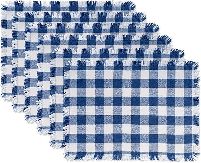 DII Heavyweight Fringed Check Tabletop Collection, Placemat Set, 13x19, Navy, 6 Piece