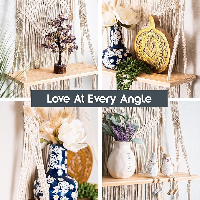 SnugLife Macrame Wall Hanging Shelf - Tier Wall Shelves with Handmade Woven Rope - Boho Shelves Organizer Hanger for Kitchen, Bathroom, Home Storage, Floating Indoor Plant Wall Shelf (1 Tier)
