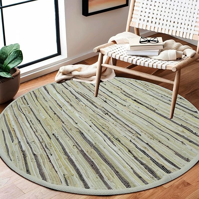 Area Rugs 4Ft Round Beige Cotton Rug Farmhouse Handwoven for Bedroom, Bathroom,Living Room | Boho Reversible Washable RagRug Circle Carpet for Kitchen, Patio, Kids Playroom, Nursery