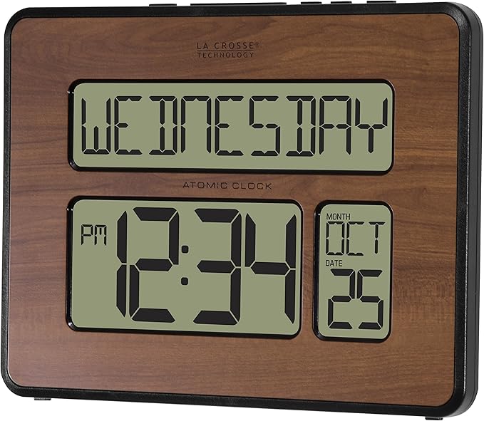 La Crosse Technology 513-1419-WA-INT Atomic Large Full Digital Calendar Clock, Walnut, 9.84"L x 1.14"W x 7.48"H