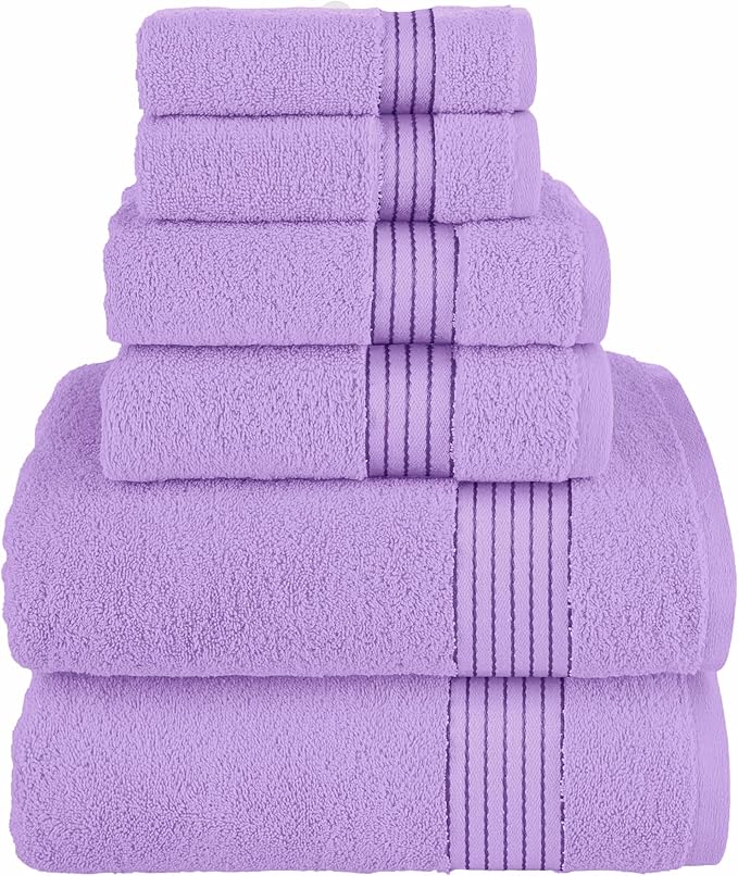 Elegant Comfort Premium Cotton 6-Piece Towel Set, Includes 2 Washcloths, 2 Hand Towels and 2 Bath Towels, 100% Turkish Cotton - Highly Absorbent and Super Soft Towels for Bathroom, Lilac