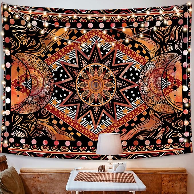 Fowocu Orange Sun and Moon Tapestry Wall Hanging, Indie Hippie Mandala Cool Wall Tapestries, Aesthetic Tapestry for Bedroom Living Room Dorm (Orange, 30'' × 40'')