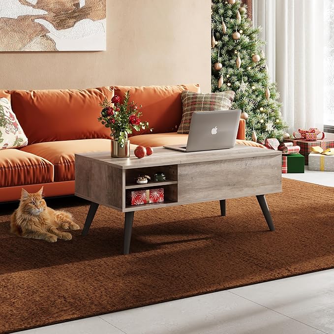 WLIVE Lift Top Coffee Table with Storage for Living Room,Small Hidden Compartment and Adjustable Shelf,Mid Century Modern ,Wood,Greige