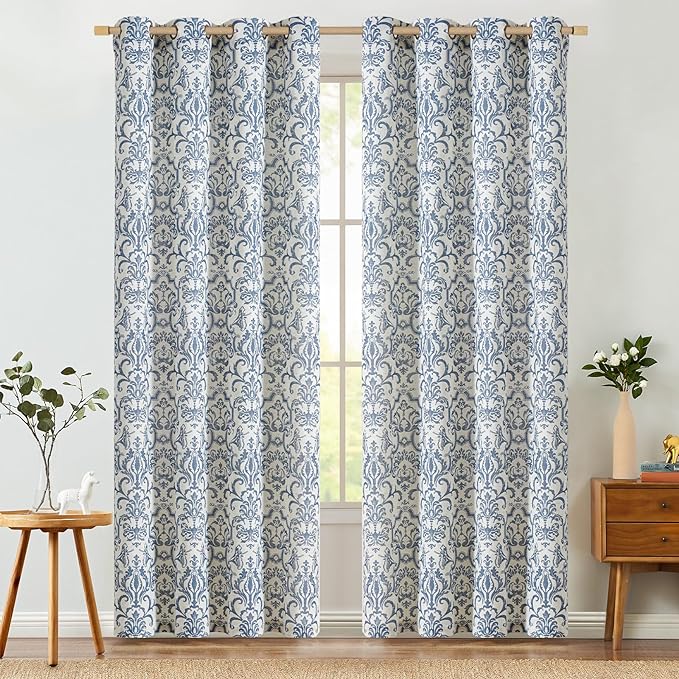 jinchan Curtains for Bedroom, Light Filtering 84 Inch Length 2 Panels Set, Baroque Style Linen Blend Drapes Living Room, Vintage Damask Window Treatments, Grommet Top Slate Blue on Flax, W52 X L84
