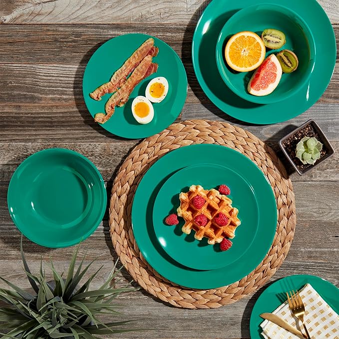 Tabletops Gallery 12 Piece Dark Green Melamine Dinnerware Set Plates Bowls for Indoor Outdoor Use, Service for 4, Emerald