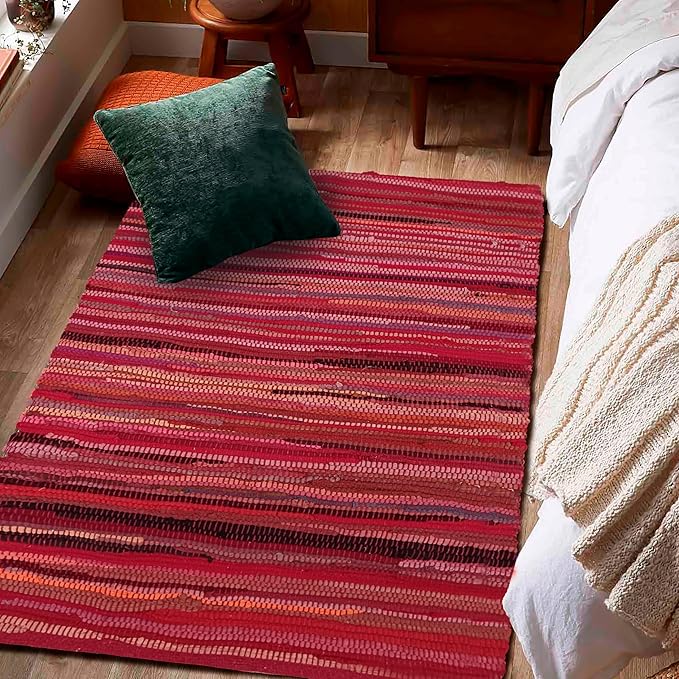 Rug Area Rugs Cotton Red 3x5 Ft (36"x60") Multicolour Chindi for Livingroom Bedroom Washable RagRug Reversible Farmhouse Kitchen RunnerRug Carpet Area Runner Mat for Hallway, Entryway