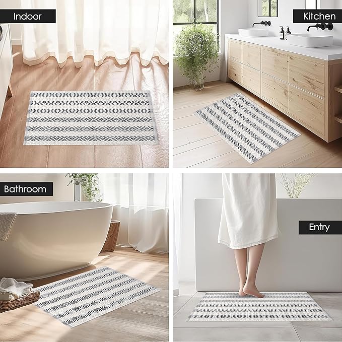 Bedding Craft Diamond Stripe Area Rug for Living Room 24x36 Inch - Beige/White/Black - Machine Washable 2x3 Feet Rugs - 60% Cotton 40% Mixed Fiber, Area Rug for Bedroom, Arearug for Bedroom