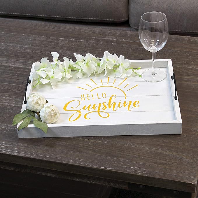 Elegant Designs, 15.50"" x 12"", Hello Sunshine Decorative Wood Serving Tray w/Handles, White Wash (HG2000-WHS)