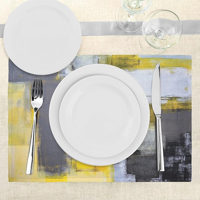 Ambesonne Yellow and Grey Place Mats Set of 8, Abstract Modern Composition Stroke Pattern Contemporary Art Print, Washable Fabric Placemats for Dining Table, Placemat 8 pcs, Yellow Grey