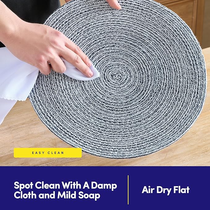 Round Placemats Set of 6-100% Cotton Two-Tone Placemat for Dining Table - Woven Braided Table Setting Place Mat - Washable Table Decor for Kitchen, Farmhouse, Rustic, Everyday Use, Navy