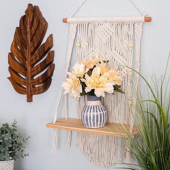 SnugLife Macrame Wall Hanging Shelf - Tier Wall Shelves with Handmade Woven Rope - Boho Shelves Organizer Hanger for Kitchen, Bathroom, Home Storage, Floating Indoor Plant Wall Shelf (1 Tier)