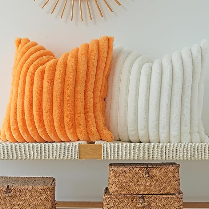 JOJUSIS Pack of 2 Faux Fur Plush Decorative Throw Pillow Covers Couch Cushion Case Soft Pillowcases (Orange, 16 x 16-Inch)
