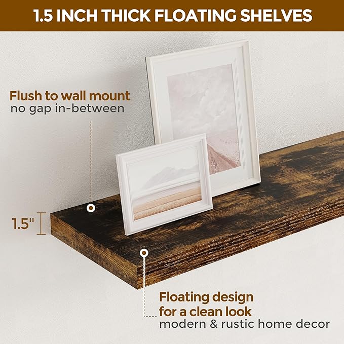 Fun Memories Floating Shelves 32" W x 9" D, Deep Floating Shelves for Wall, 9.3 Inch Deep Wall Shelves for Bathroom, Living Room, Wide Storage & Display Shelves for Home Decor, Rustic Brown Color