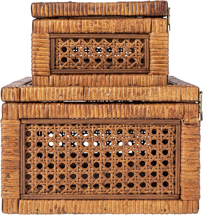 Creative Co-Op Modern Decorative Rectangle Woven Rattan and Wood Display Boxes with Glass Top, Set of 2 Sizes, Dark Brown Finish, Rectangular