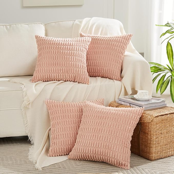 Fancy Homi 4 Packs Boho Pink Decorative Throw Pillow Covers 26x26 Inch for Living Room Couch Bed Sofa, Rustic Modern Farmhouse Home Decor, Soft Plush Corduroy Cute Square Cushion Case 66x66 cm