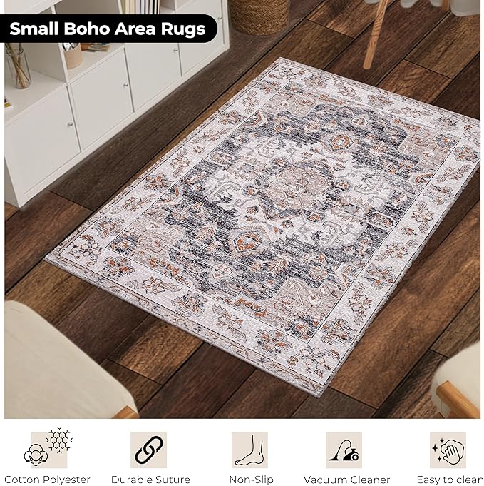 Washable Soft Small Boho Area Rugs, Rags Rug, Printed Carpet Chennile Rugs for Living Room 27x45 inch Dk Grey Rust Multi,Machine Washable Printed Rugs - 30% Cotton, 70% Polyester