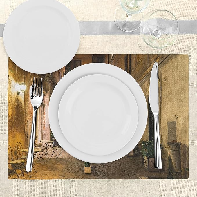 Ambesonne Italian Place Mats Set of 8, Old Courtyard Rome Italy Cafe Chairs City Historic Houses in Street, Washable Fabric Placemats for Dining Table, Placemat 8 pcs, Orange Brown