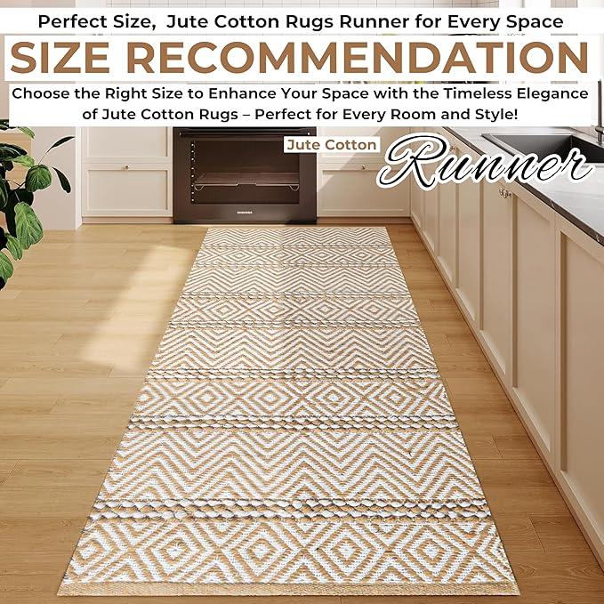 Bedding Craft Jute Cotton Stripe Area Rug Runner for Living Room 24x72 Inch - Natural Ivory - Machine Washable 2x6 Feet Rugs - 70% Jute and 30% Cotton
