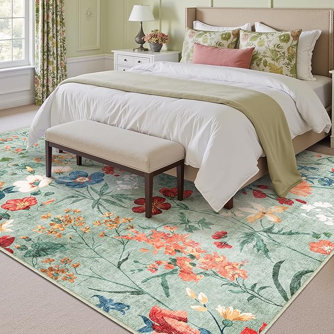 Green Area Rug 5x7 Floral Washable Living Room Kitchen Boho Carpet Non Slip Low Pile Indoor Accent Lightweight Soft Throw Rug for Bedroom Office Dining Room Nursery Farmhouse