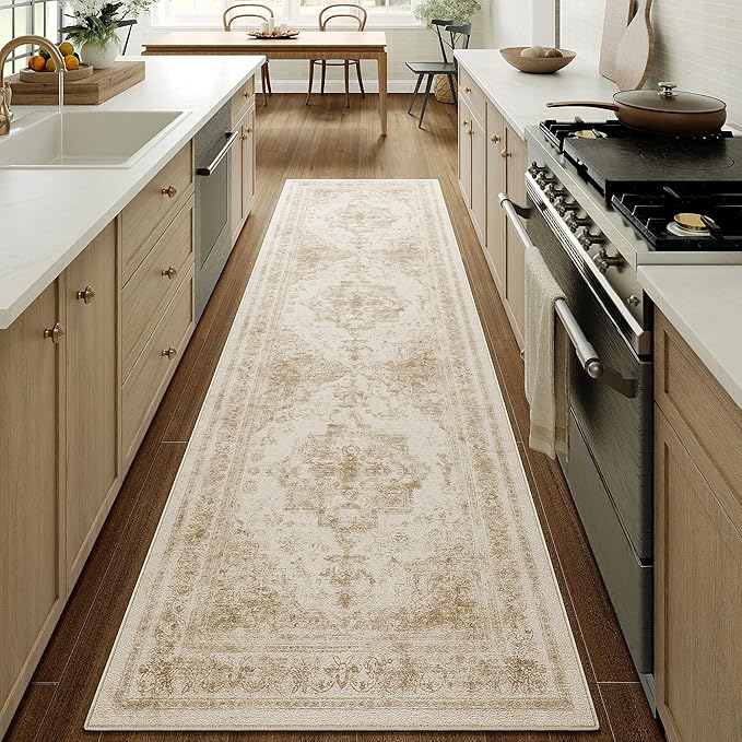 Runner Rug 2x8 Washable Beige Hallway Runner Vintage Boho Medallion Non Slip Distressed Retro Carpet Indoor Low Pile Long Soft Rug for Kitchen Entryway Bedroom Bathroom Laundry