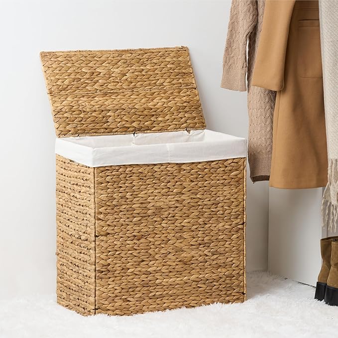 Woven Laundry Basket with Lid - Large Wicker Hamper with Lid for Clothes Storage - Round Rattan Laundry Hamper - Water Hyacinth Storage Basket with Lid (Natural Brown, 24x12.8x24 in)