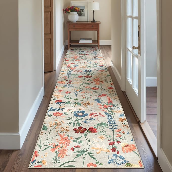 Floral Runner Rug 2x10 Washable Hallway Long Beige Bedroom Carpet Non Slip Indoor Boho Kitchen Low Pile Accent Rug Lightweight Soft for Bathroom Dining Laundry Living Room