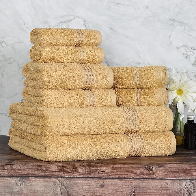 Superior Egyptian Cotton 8-Piece Towel Set, Assorted Towels for Home Bathroom, Guest Bath Decor Essentials, Includes 2 Bath, 4 Hand, 2 Face Towels/Washcloths, Quick Dry, Absorbent, Gold