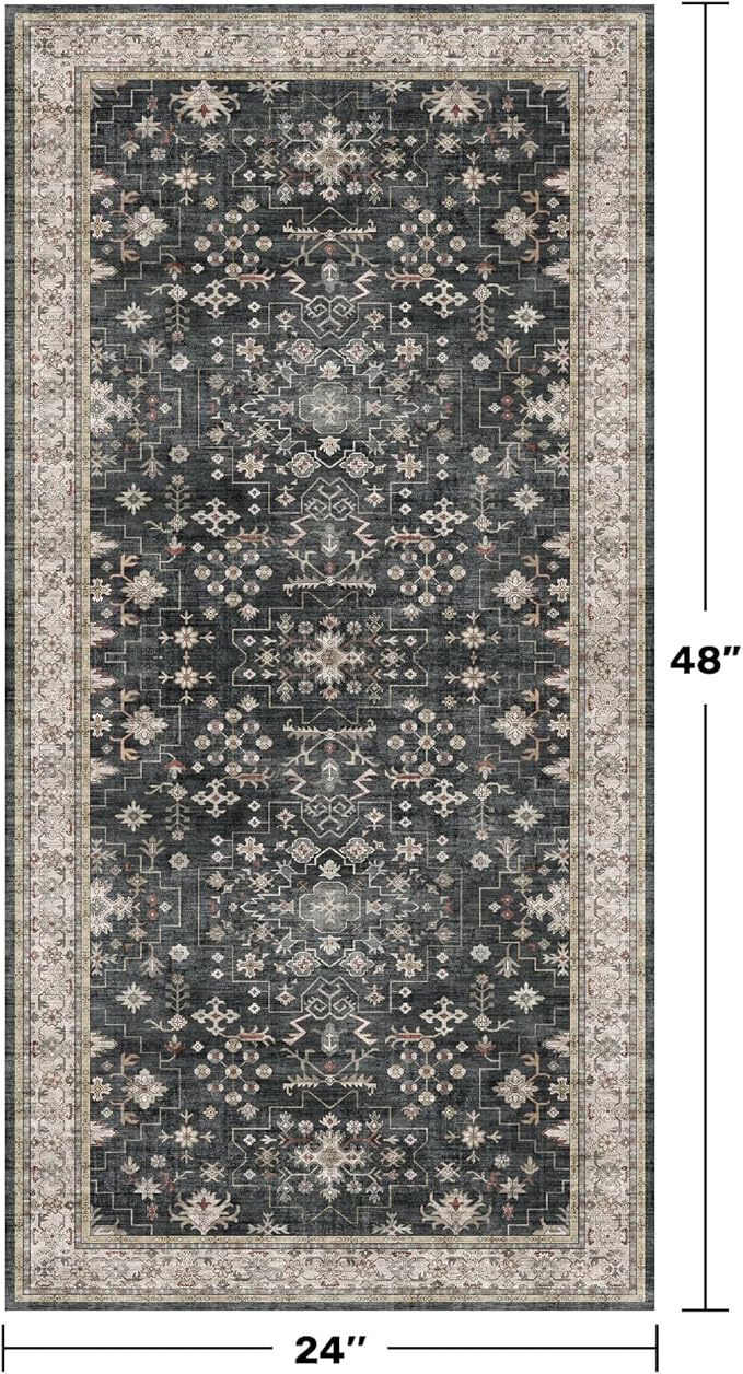 Black 2x4 Entryway Runner Rugs, Small Runners for Kitchen, Door Mat Indoor Entrance, Bathroom, Non-Slip Low-Pile Washable Stain Resistant, Vintage Ashen Charcoal Floral Decor
