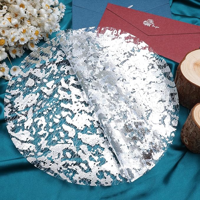 Sliver Placemats Disposable Round Table Mat 13 Inch Silver Foil Mesh Pressed Paper Placemat Sliver Tablecloths Table Runner for Party Wedding Home Dinners Table Decor (Silver, 50 Pcs)