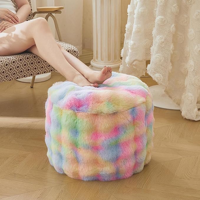 LIFEREVO Faux Rabbit Fur Round Inflatable Pouf Ottoman, 20" X 16" Waffle Bubble Floor Poufs Foot Stool Rest Anti-Slip Living Room Bedroom, Tie Dye Furry Foldable Ottoman Seat Home Decor, Rainbow