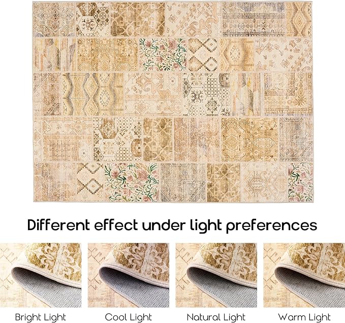 Boho Kitchen Rug Washable,4x6 Non Slip Small Area Rug for Bathroom Bedroom Indoor Entrway Ultra Thin Fit Under Door,Light Tan Beige Brown and Blush Pink Green