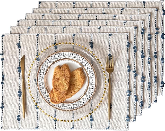 Boho Placemats Set of 6 for Dining Table Decor, Woven Cloth Place Mats for Farmhouse Rustic Kitche Home Decor, Cotton Placemats 13 x 19 Inch, Blue and Beige Table mats