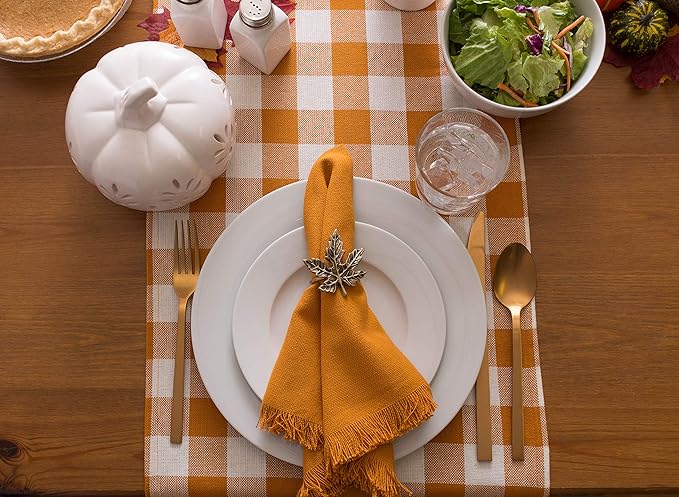 DII Heavyweight Fringed Check Tabletop Collection, Table Runner, 14x72, Pumpkin Spice