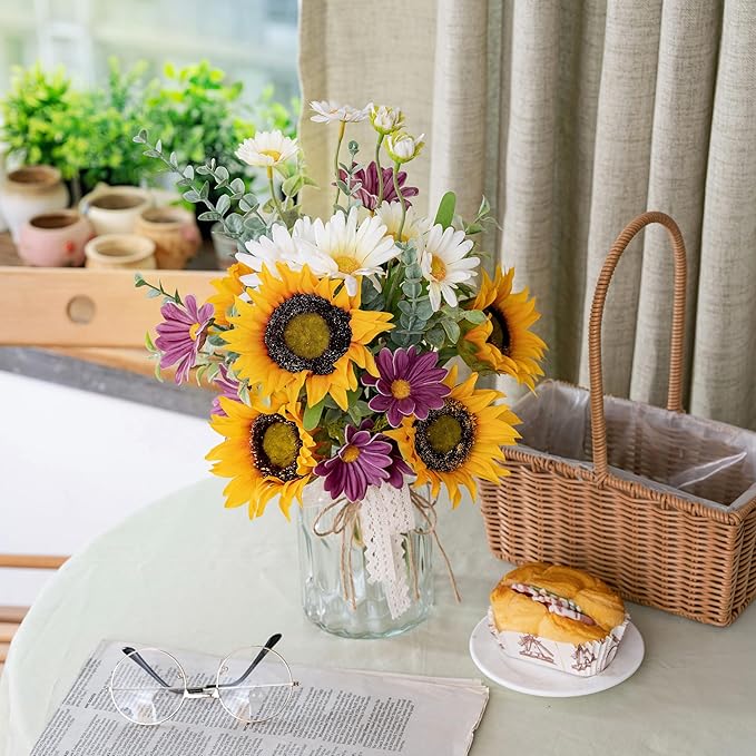 LUEUR Artificial Faux Flowers in Vase for Home, Fake Flowers Arrangment with Pot, Sunflower Silk Daisy Bouquet for Fall Spring Decor Coffee Table Dinning Room Kitchen Centerpiece Table Decorations